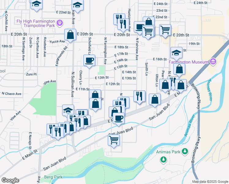 map of restaurants, bars, coffee shops, grocery stores, and more near 2201 East 11th Street in Farmington