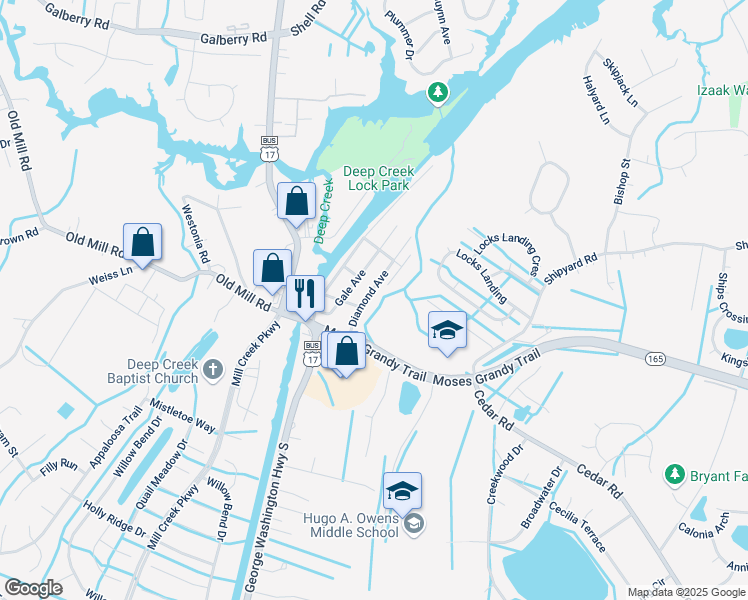 map of restaurants, bars, coffee shops, grocery stores, and more near 104 Diamond Avenue in Chesapeake