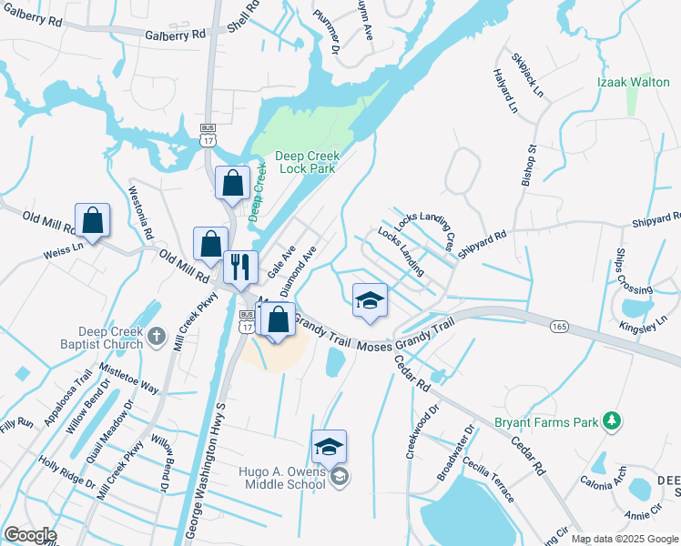 map of restaurants, bars, coffee shops, grocery stores, and more near 2849 Cedar Cove Lane in Chesapeake