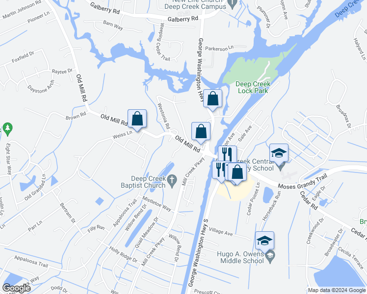 map of restaurants, bars, coffee shops, grocery stores, and more near 3025 Old Mill Road in Chesapeake