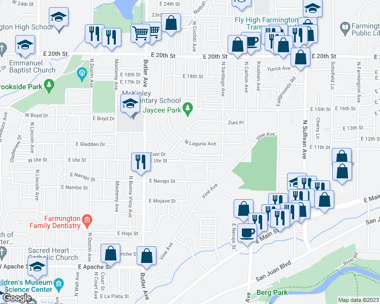 map of restaurants, bars, coffee shops, grocery stores, and more near 1148 North Chaco Avenue in Farmington