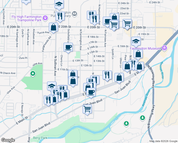 map of restaurants, bars, coffee shops, grocery stores, and more near 2205 East 11th Street in Farmington