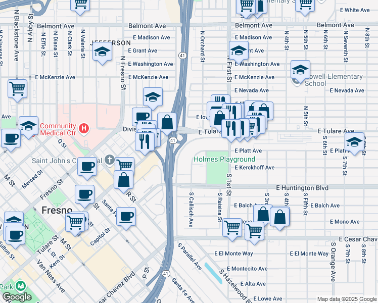 map of restaurants, bars, coffee shops, grocery stores, and more near 220 South Callisch Avenue in Fresno