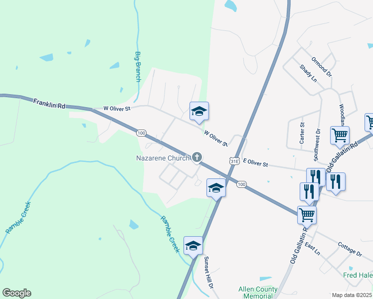map of restaurants, bars, coffee shops, grocery stores, and more near 600-652 Franklin Road in Scottsville
