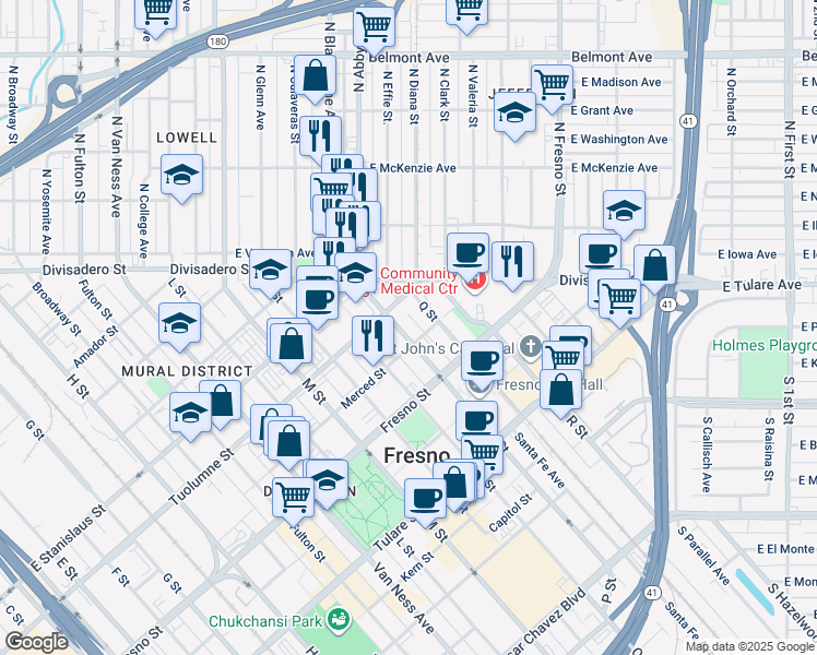 map of restaurants, bars, coffee shops, grocery stores, and more near 1320 P Street in Fresno