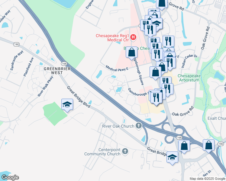 map of restaurants, bars, coffee shops, grocery stores, and more near 400 Henley Court in Chesapeake