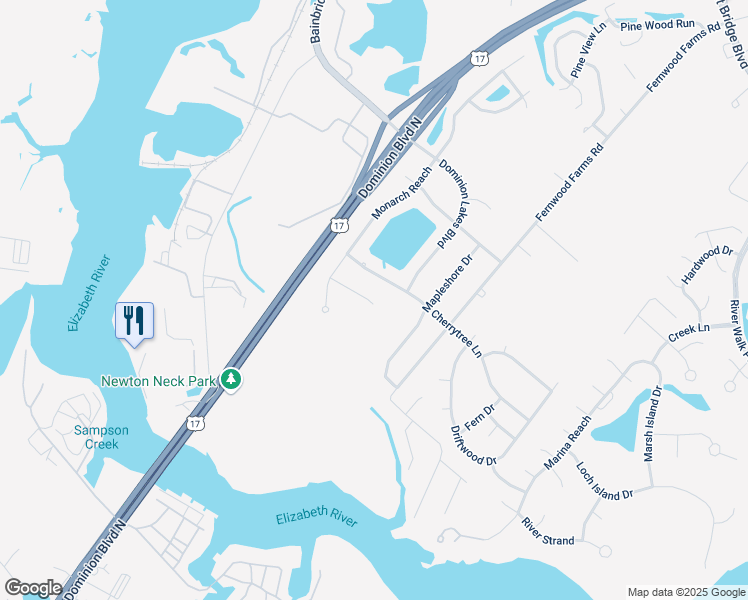 map of restaurants, bars, coffee shops, grocery stores, and more near 1209 Destiny Way in Chesapeake