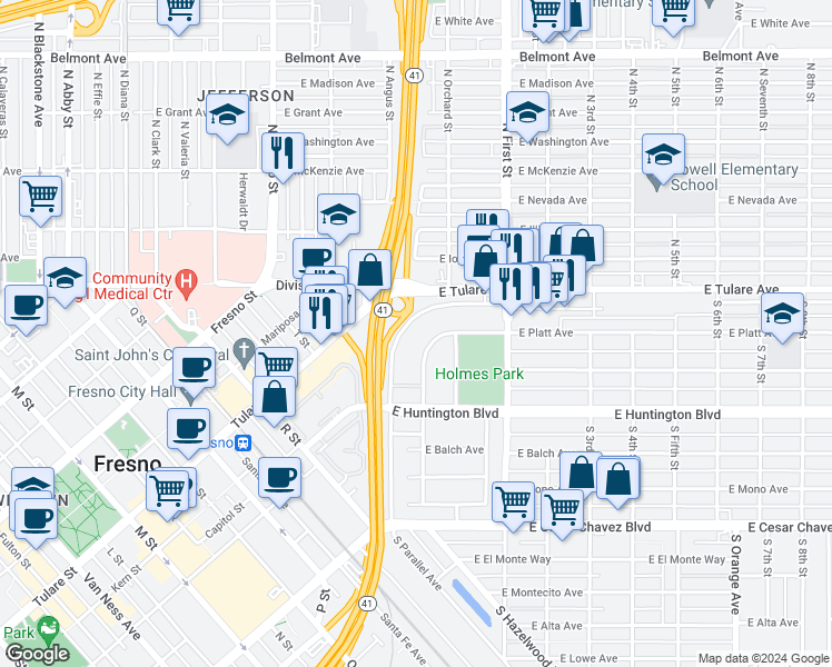 map of restaurants, bars, coffee shops, grocery stores, and more near 2948 East Tulare Avenue in Fresno