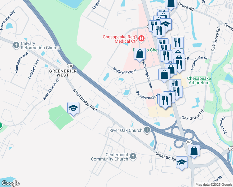 map of restaurants, bars, coffee shops, grocery stores, and more near 404 Camberley Way in Chesapeake