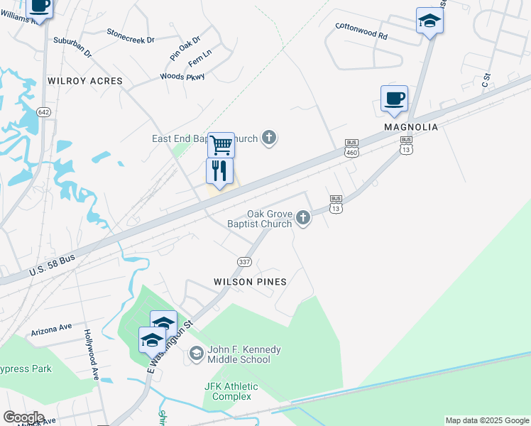 map of restaurants, bars, coffee shops, grocery stores, and more near 2617 Riddick Drive in Suffolk