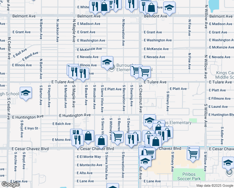 map of restaurants, bars, coffee shops, grocery stores, and more near 4747 East Fillmore Avenue in Fresno
