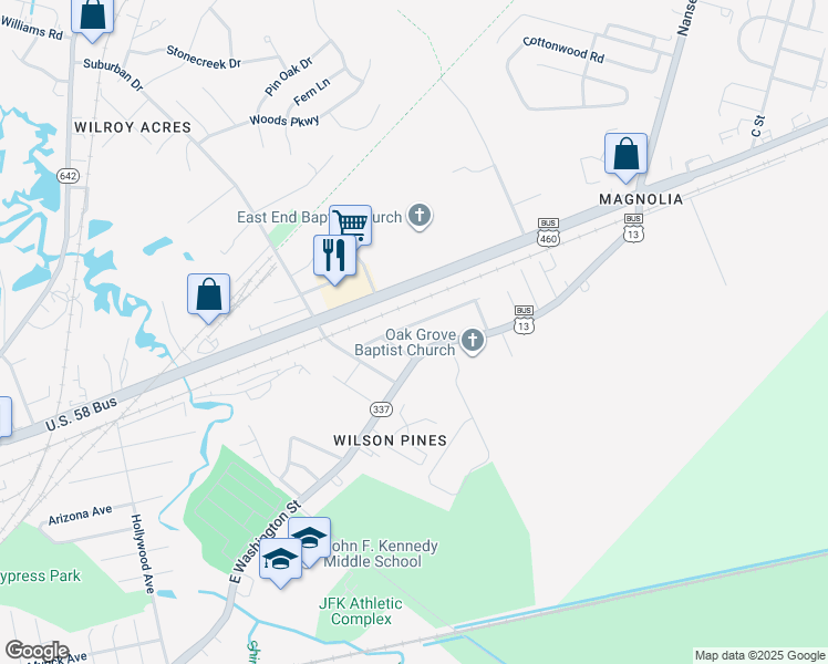 map of restaurants, bars, coffee shops, grocery stores, and more near 2617 Riddick Drive in Suffolk