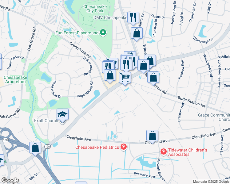 map of restaurants, bars, coffee shops, grocery stores, and more near 404 Autumn Green Lane in Chesapeake