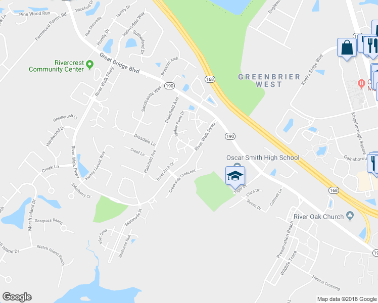 map of restaurants, bars, coffee shops, grocery stores, and more near 204 Primrose Lane in Chesapeake