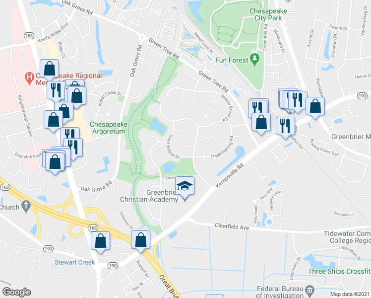 map of restaurants, bars, coffee shops, grocery stores, and more near 408 Spring Maple Court in Chesapeake