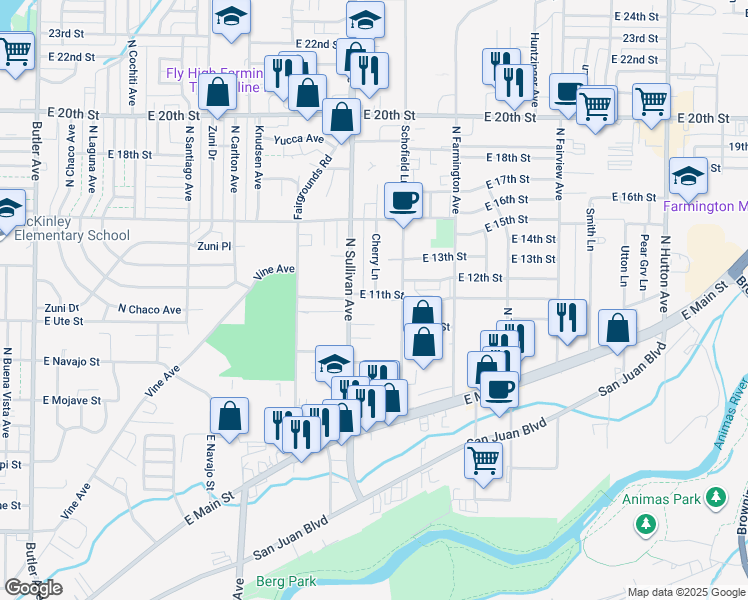map of restaurants, bars, coffee shops, grocery stores, and more near 1202 Cherry Lane in Farmington