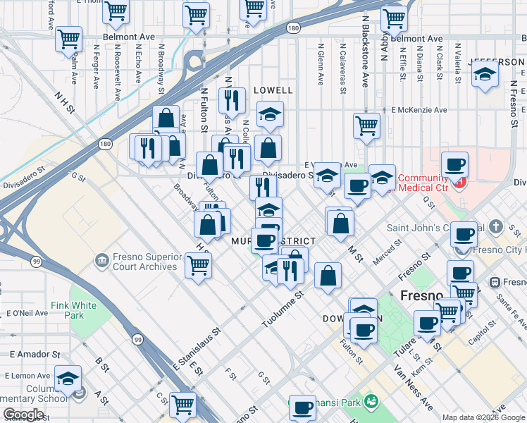 map of restaurants, bars, coffee shops, grocery stores, and more near 1704 Van Ness Avenue in Fresno
