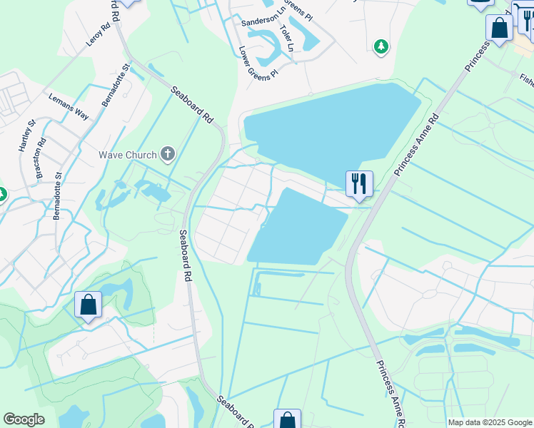 map of restaurants, bars, coffee shops, grocery stores, and more near 2716 Tideswell Lane in Virginia Beach