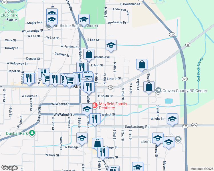 map of restaurants, bars, coffee shops, grocery stores, and more near 301 East Broadway in Mayfield