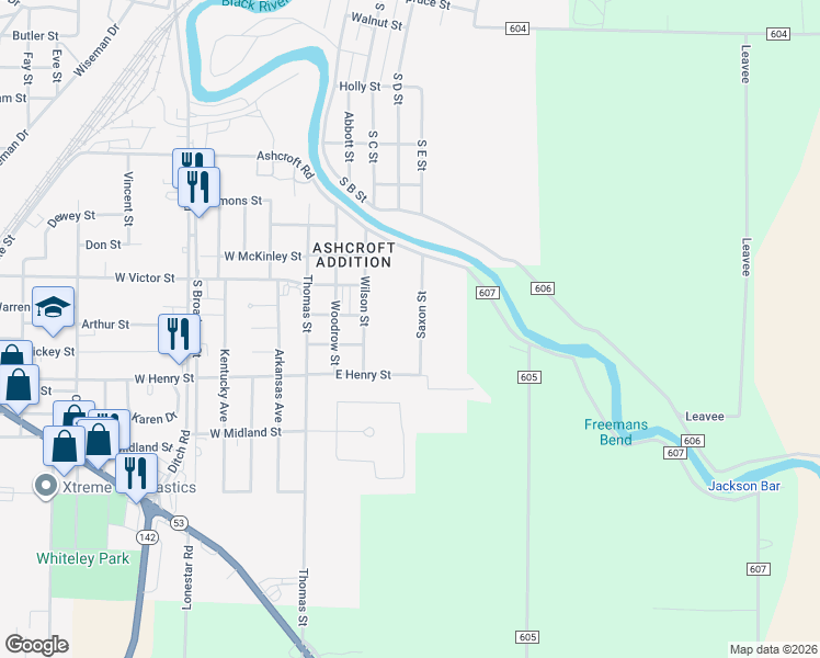 map of restaurants, bars, coffee shops, grocery stores, and more near 1800 Saxon Street in Poplar Bluff