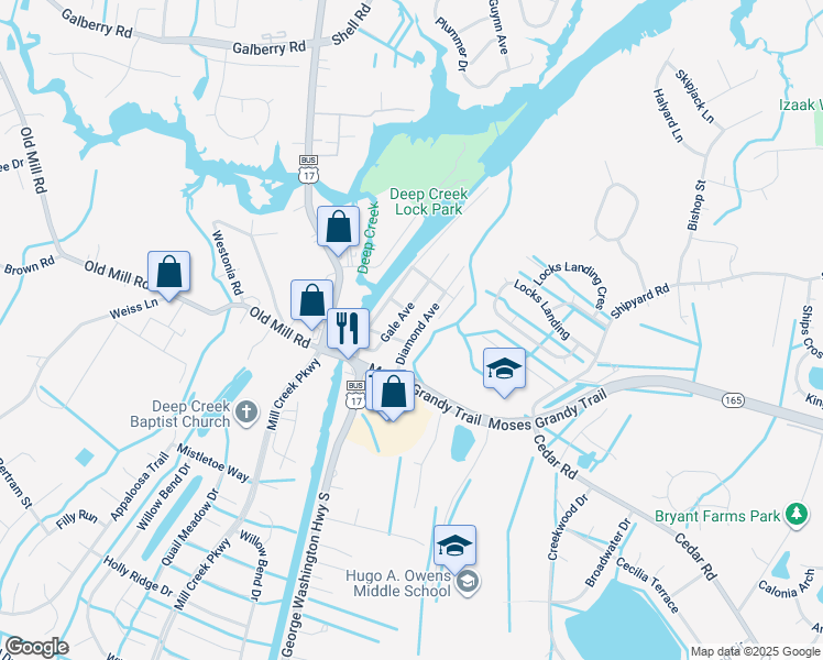 map of restaurants, bars, coffee shops, grocery stores, and more near 107 Diamond Avenue in Chesapeake