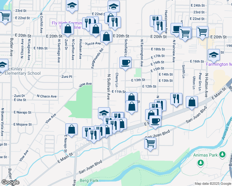 map of restaurants, bars, coffee shops, grocery stores, and more near 1202 Cherry Lane in Farmington