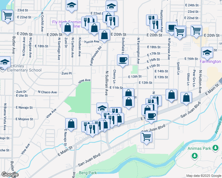 map of restaurants, bars, coffee shops, grocery stores, and more near 1202 Cherry Lane in Farmington