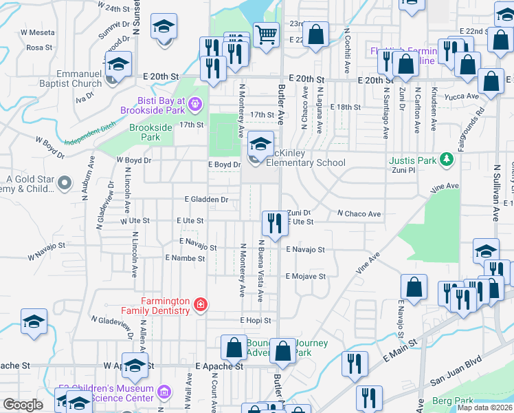 map of restaurants, bars, coffee shops, grocery stores, and more near 1115 North Buena Vista Avenue in Farmington