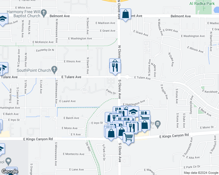 map of restaurants, bars, coffee shops, grocery stores, and more near 36 South Rogers Lane in Fresno