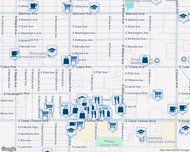 map of restaurants, bars, coffee shops, grocery stores, and more near 4911 East Platt Avenue in Fresno