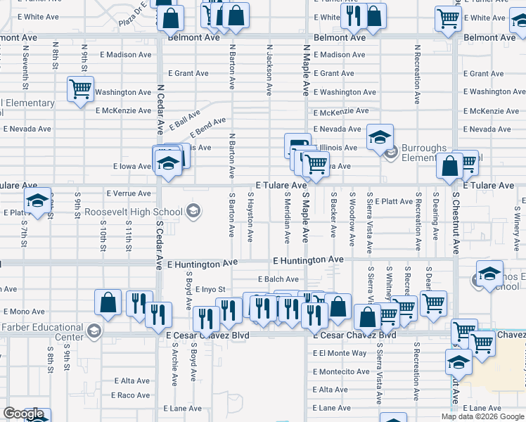 map of restaurants, bars, coffee shops, grocery stores, and more near 134 South Jackson Avenue in Fresno