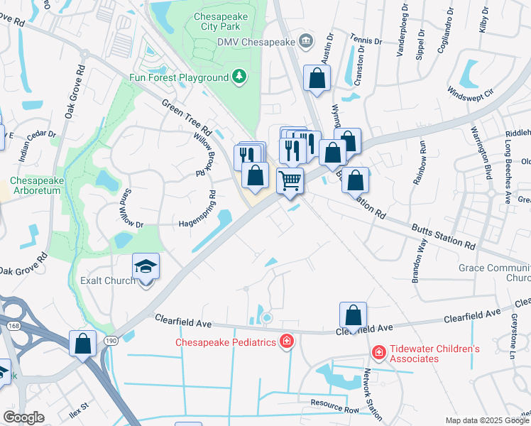 map of restaurants, bars, coffee shops, grocery stores, and more near 404 Autumn Green Lane in Chesapeake