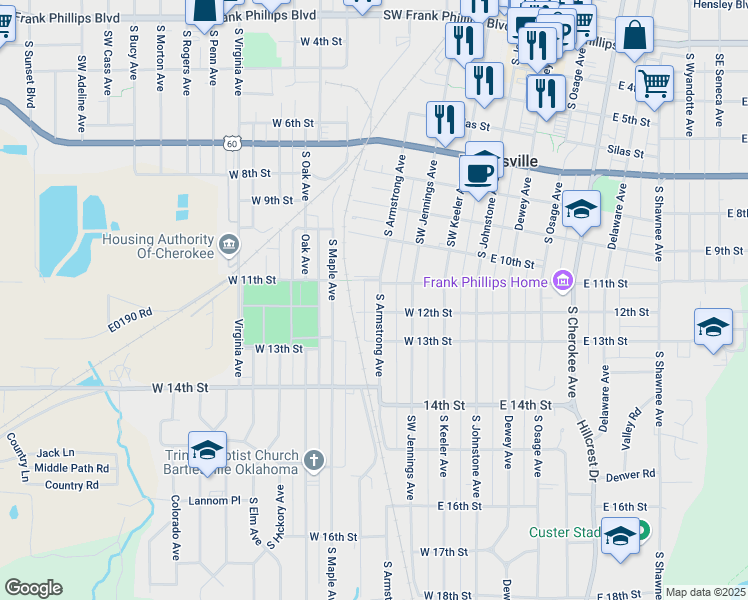 map of restaurants, bars, coffee shops, grocery stores, and more near 1121 South Armstrong Avenue in Bartlesville
