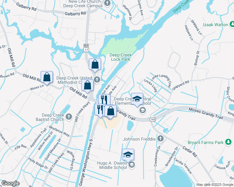 map of restaurants, bars, coffee shops, grocery stores, and more near 107 Diamond Avenue in Chesapeake