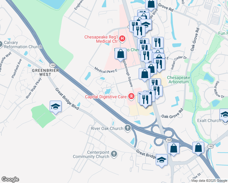 map of restaurants, bars, coffee shops, grocery stores, and more near 305 Wimbledon Chase in Chesapeake