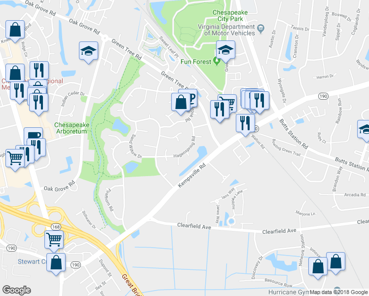 map of restaurants, bars, coffee shops, grocery stores, and more near 322 Hagenspring Road in Chesapeake