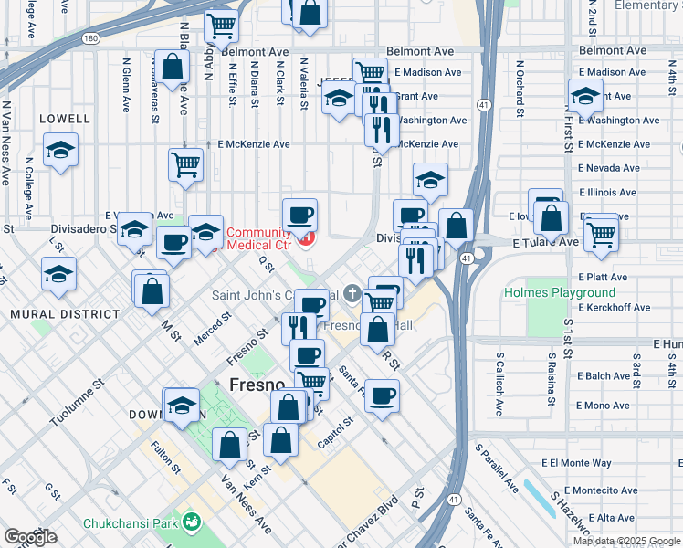 map of restaurants, bars, coffee shops, grocery stores, and more near 2844 Fresno Street in Fresno
