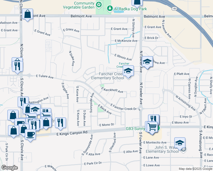 map of restaurants, bars, coffee shops, grocery stores, and more near 5886 East Fillmore Avenue in Fresno