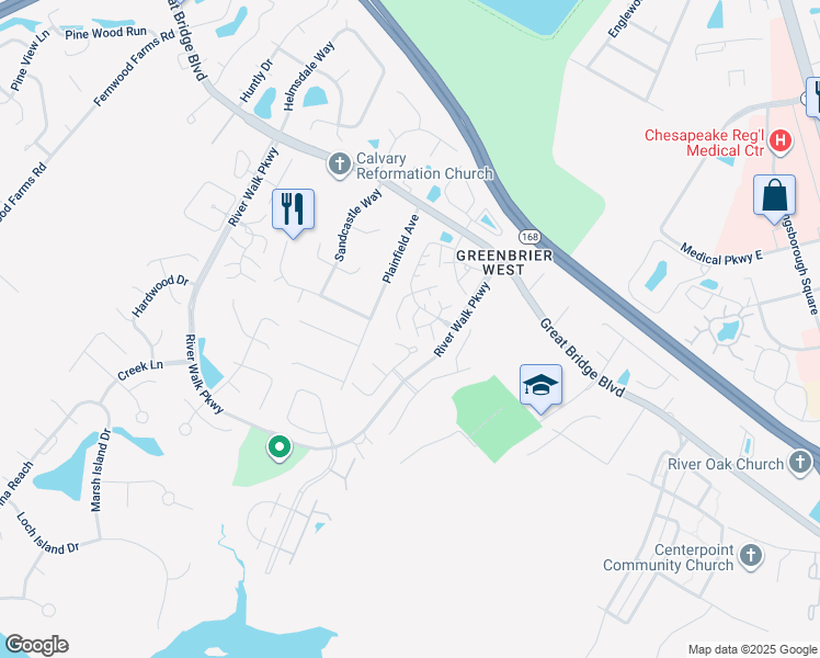 map of restaurants, bars, coffee shops, grocery stores, and more near 618 Primrose Lane in Chesapeake