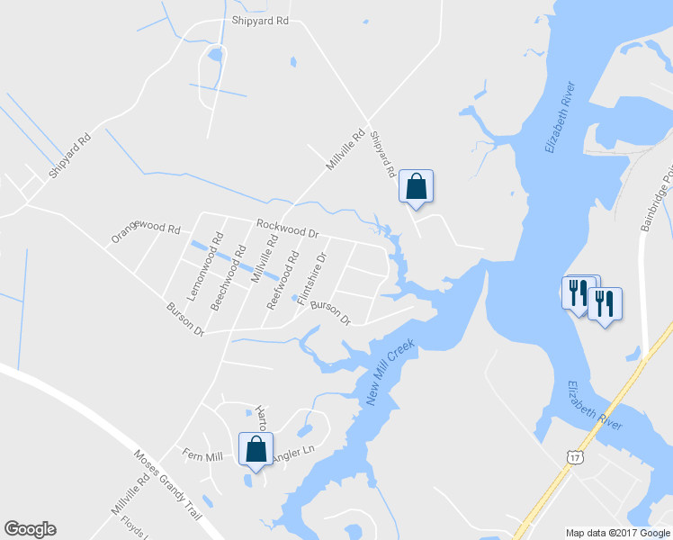map of restaurants, bars, coffee shops, grocery stores, and more near 1812 Hazelwood Road in Chesapeake