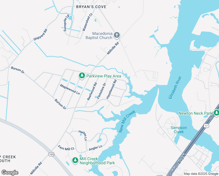 map of restaurants, bars, coffee shops, grocery stores, and more near 1812 Hazelwood Road in Chesapeake