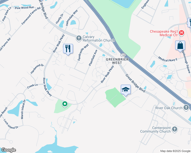 map of restaurants, bars, coffee shops, grocery stores, and more near 618 Primrose Lane in Chesapeake