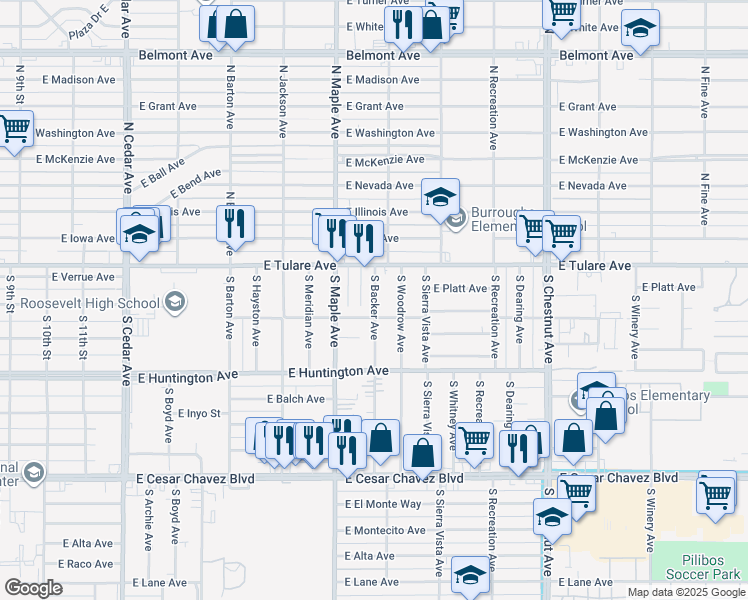 map of restaurants, bars, coffee shops, grocery stores, and more near 202 South Backer Avenue in Fresno