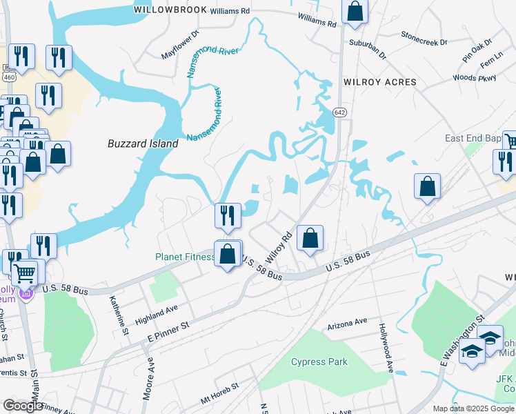 map of restaurants, bars, coffee shops, grocery stores, and more near 921 Macarthur Drive in Suffolk