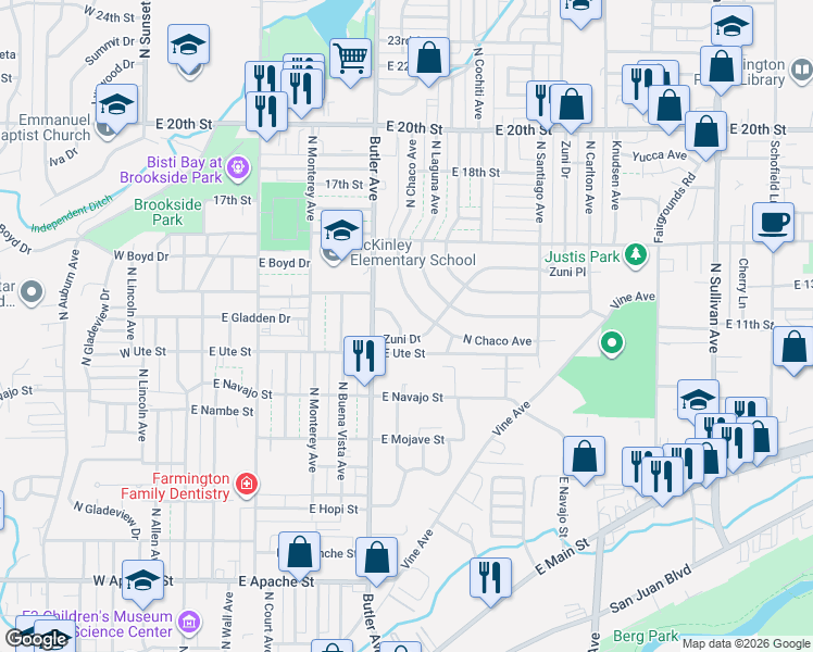 map of restaurants, bars, coffee shops, grocery stores, and more near 1213 North Chaco Avenue in Farmington