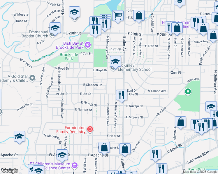 map of restaurants, bars, coffee shops, grocery stores, and more near 1115 North Buena Vista Avenue in Farmington