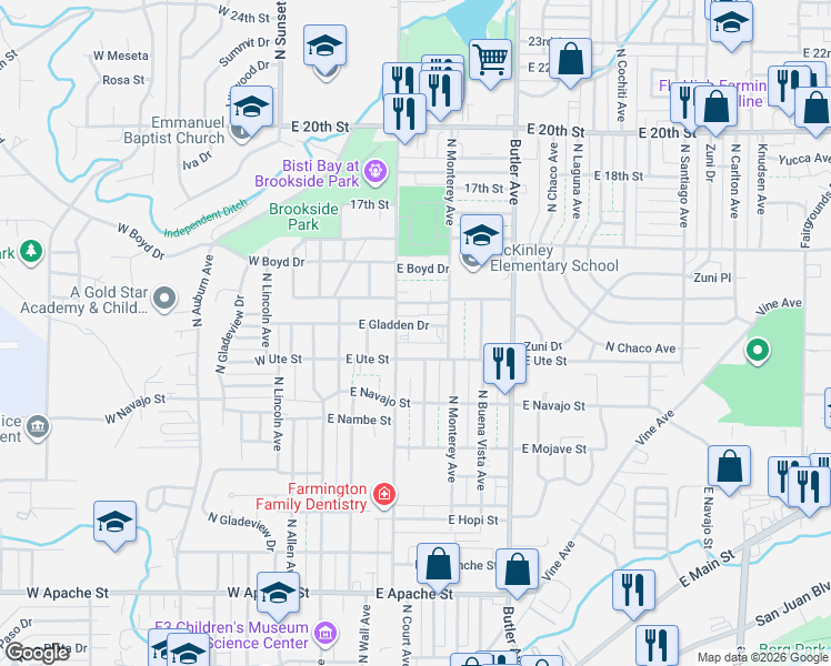 map of restaurants, bars, coffee shops, grocery stores, and more near 402 East Gladden Drive in Farmington