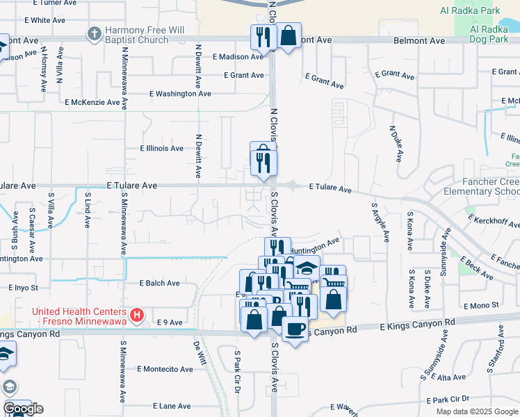map of restaurants, bars, coffee shops, grocery stores, and more near 36 South Rogers Lane in Fresno