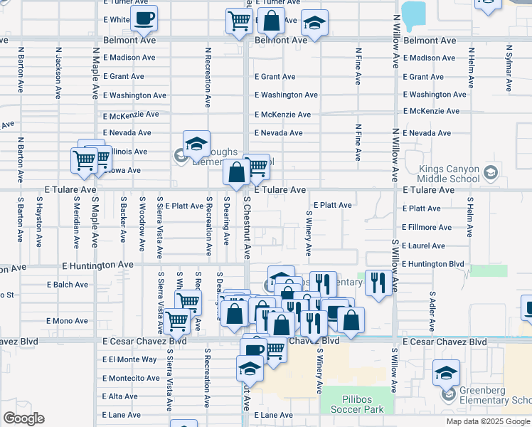 map of restaurants, bars, coffee shops, grocery stores, and more near 4840 East Tulare Avenue in Fresno