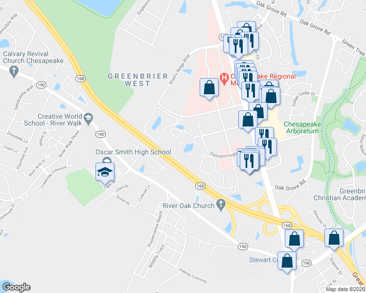 map of restaurants, bars, coffee shops, grocery stores, and more near 400 Henley Court in Chesapeake